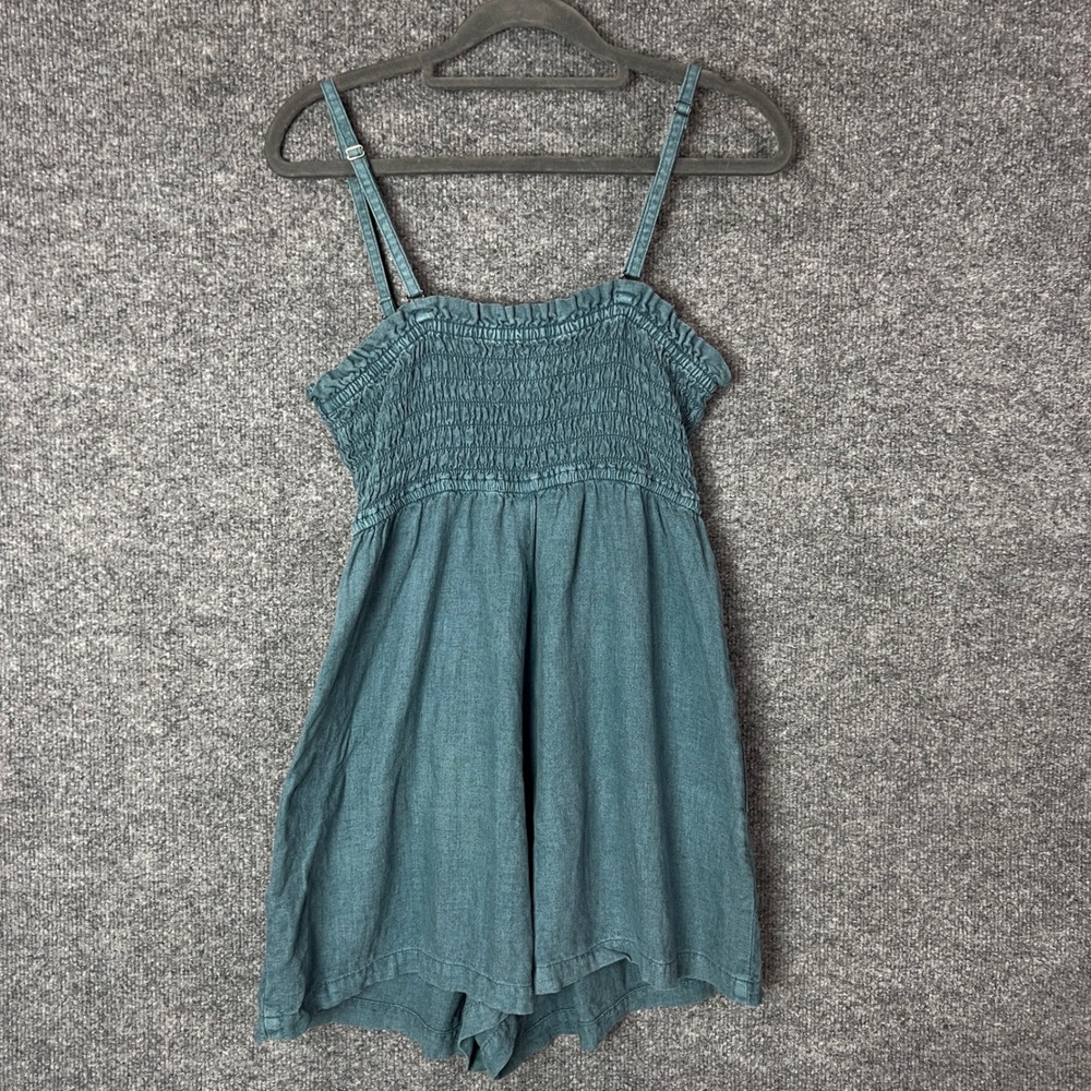PILCRO by Urban Outfitters Smocked Bodice Linen‎ Blend Romper Teal XS - Picture 3 of 9